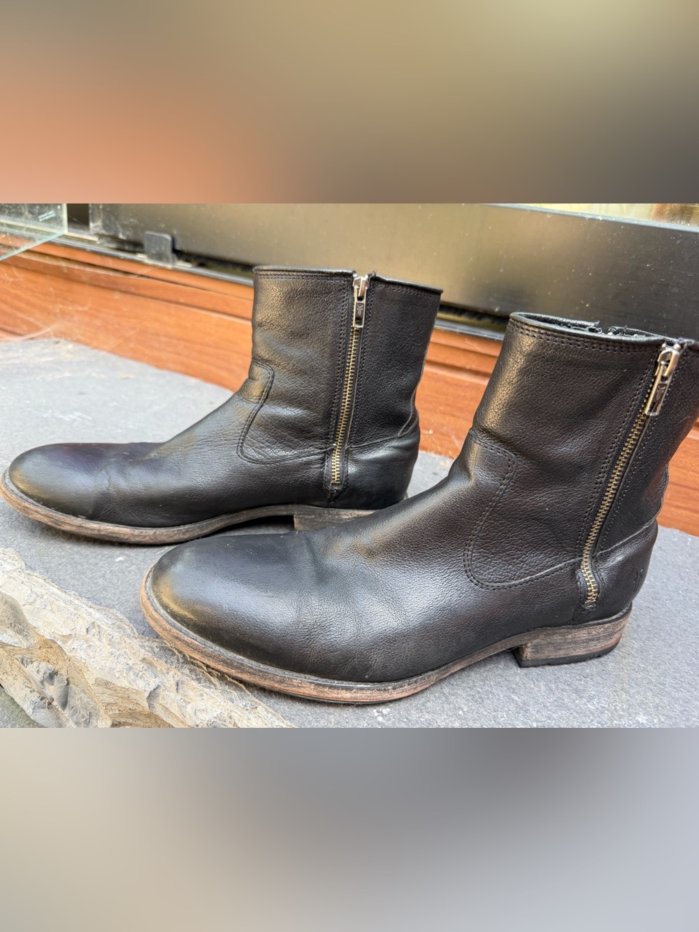 Frye Ethan double zip black leather boots